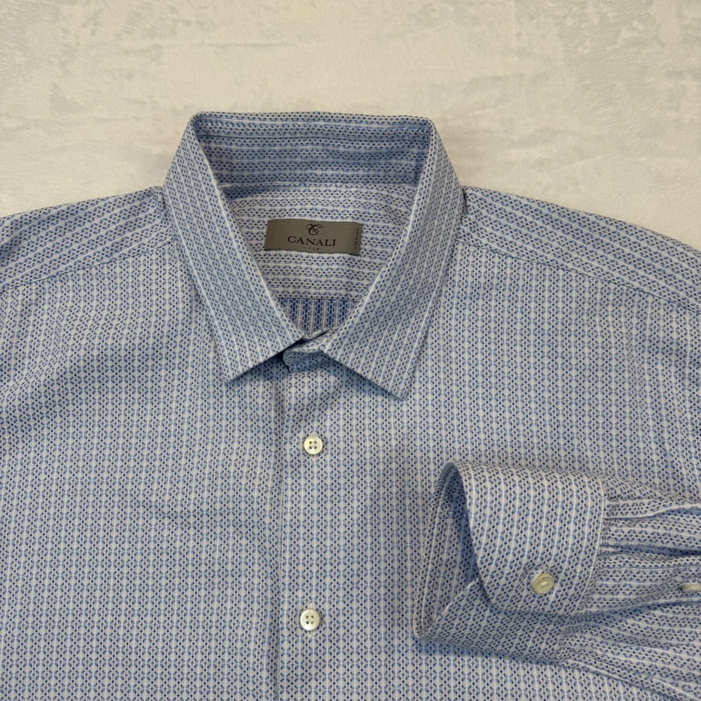 Canali 1934 Mens Blue Geometric Jacquard Dress Shirt Made in Italy Size 43 17
